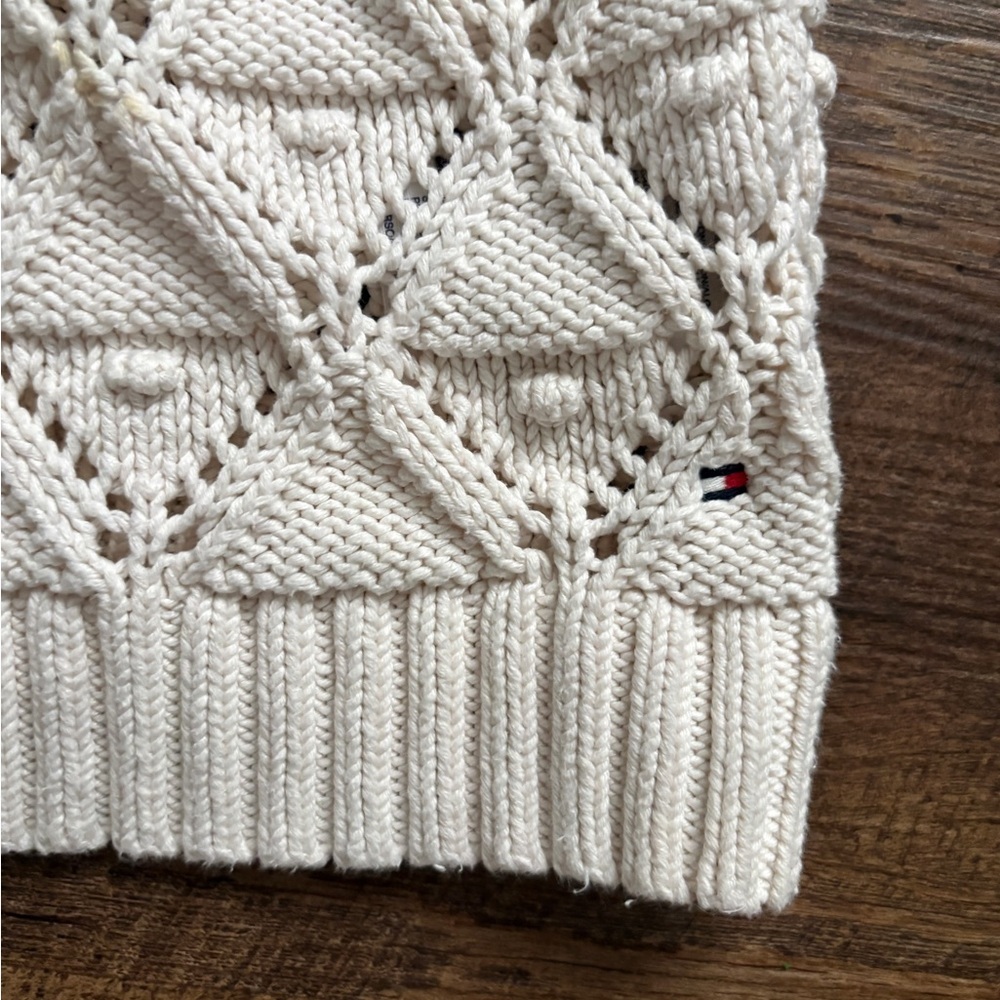 TOMMY HILFIGER ivory crochet open knit sweater sz XL cottagecore chunky Pom Pom - Picture 9 of 16
